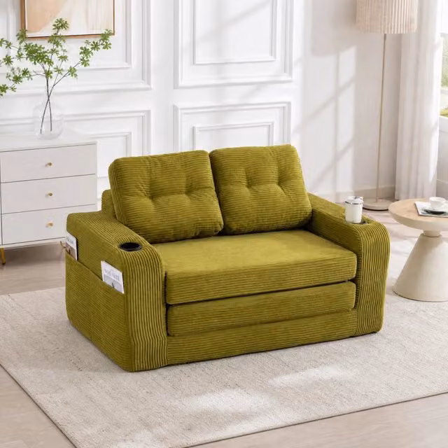 Sofa modulare a 2 posti in tessuto corduroy verde oliva; 136x80x82;5 cm; con tasche laterali e portabicchieri