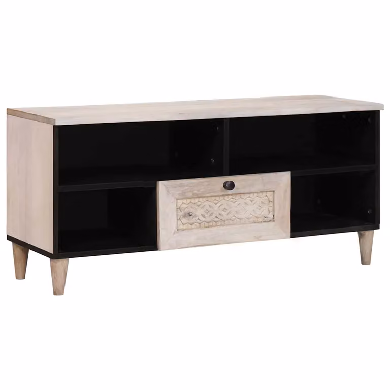 Mobile TV vidaXL con cassetto in legno di mango Bianco Sbiancato L 100 cm x P 33 cm x H 46 cm
