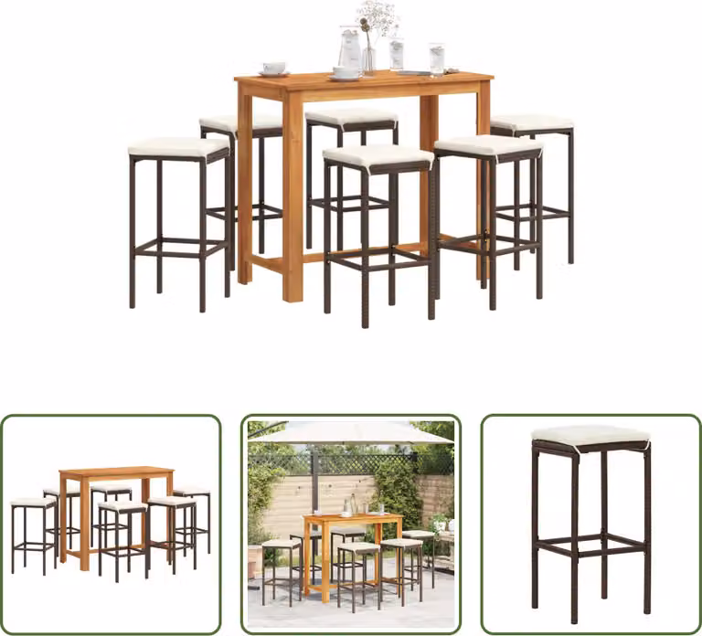 The Living Store Set bar da giardino 7 pezzi in legno massiccio di acacia marrone e poly rattan