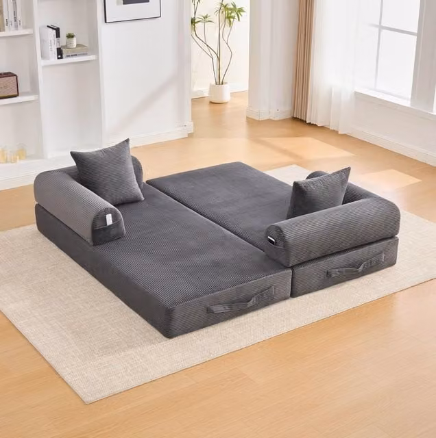 Divano modulare ULEVR 200x94x67 cm in velluto a coste grigio scuro con 3 cuscini e tasca laterale
