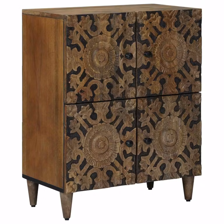 Credenza moderna vidaXL in legno di mango massello e metallo, colore marrone e nero, L: 60 cm, P: 33 cm, H: 75 cm