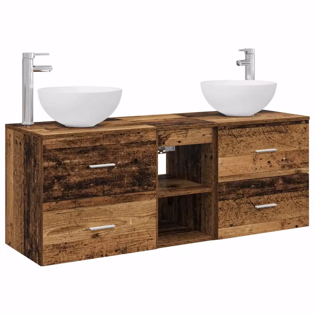 Set di mobili da bagno vidaXL in legno e metallo marrone con cassetti e ripiani, L 129 x P 35 x H 80 cm – 2