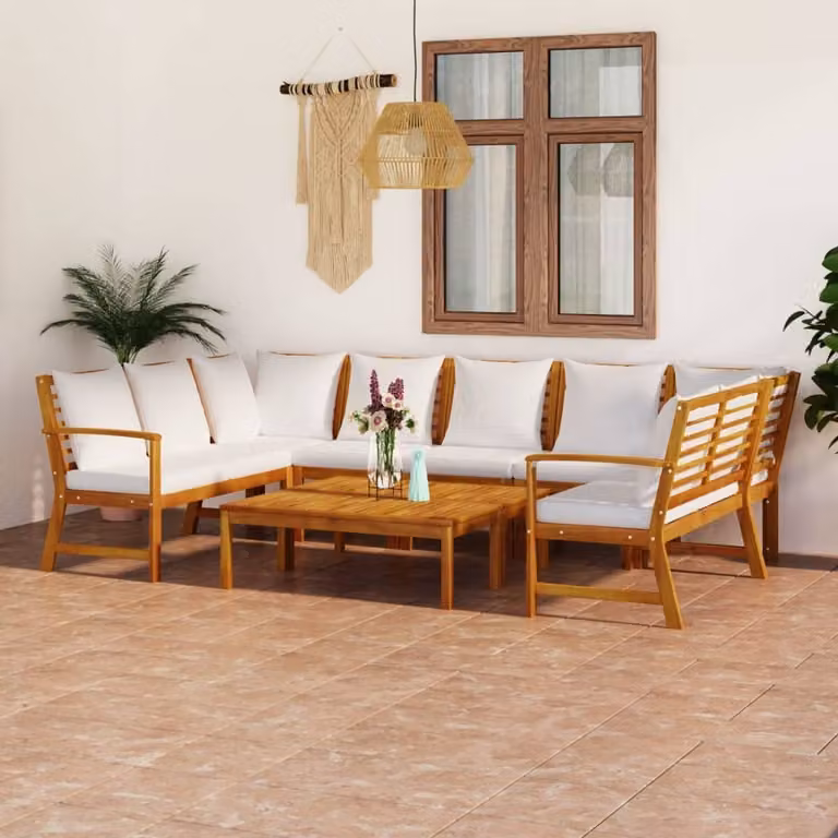 The Living Store Set da giardino 9 pezzi con cuscini in legno massiccio di acacia color crema