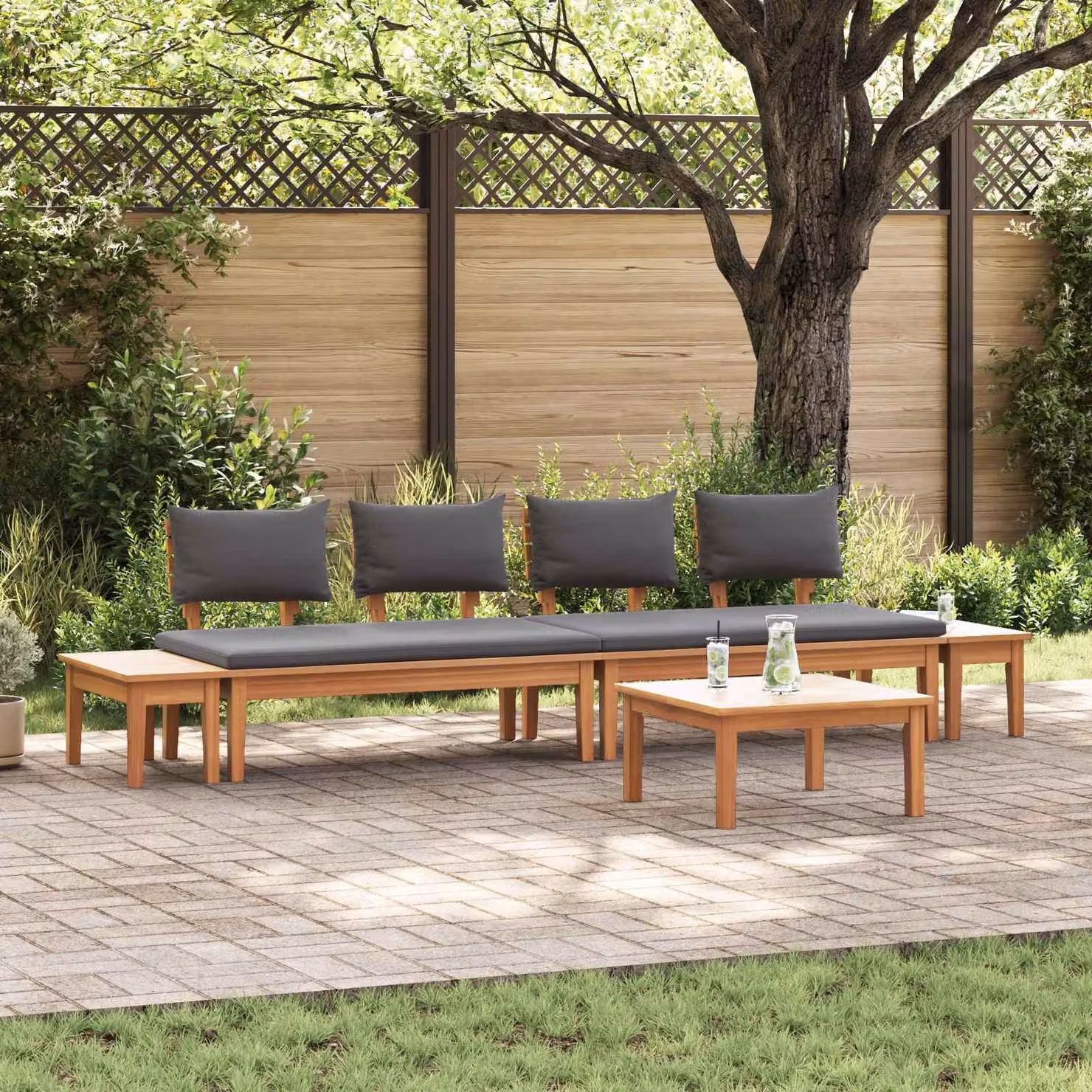 vidaXL Set Divano da Giardino a L in Legno di Teak con Cuscini Marrone e Grigio 5 pz – 1