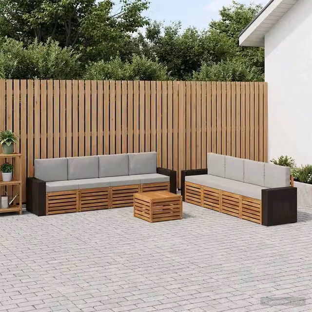 Set di divani da esterno a forma di U vidaXL in legno di acacia con tavolo da caffè e cuscini, Beige e Grigio