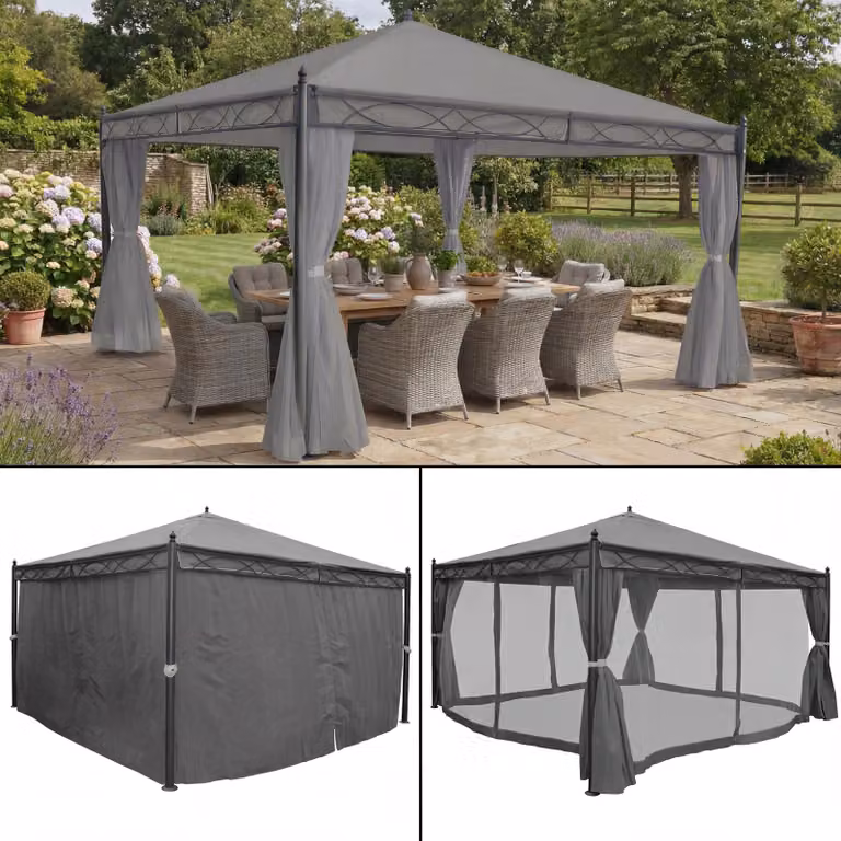 Pergola Calpe, gazebo da giardino, struttura robusta da 7 cm con parete laterale + zanzariera ~ grigio 4x4 m