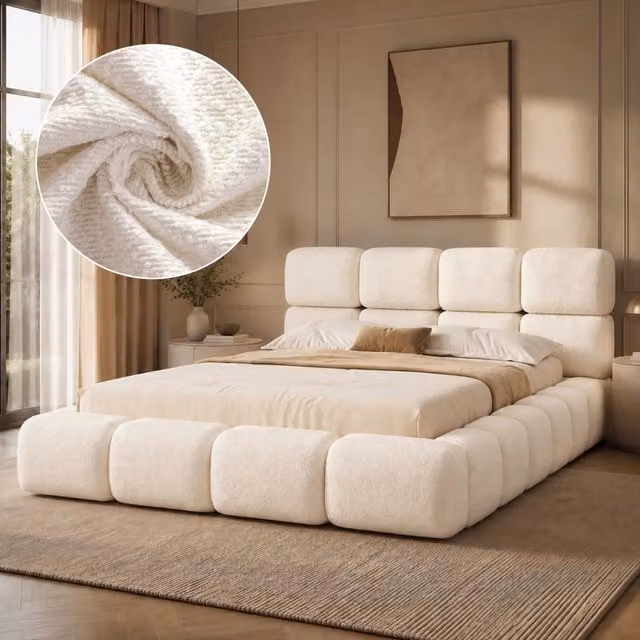Letto matrimoniale OKWISH moderno con testiera imbottita in bouclé bianco, L: 180 cm, P: 200 cm, H: 102 cm