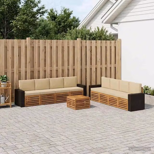 Set di divani da esterno a forma di U vidaXL in legno di acacia con tavolino e cuscini, colore beige e sabbia – 1