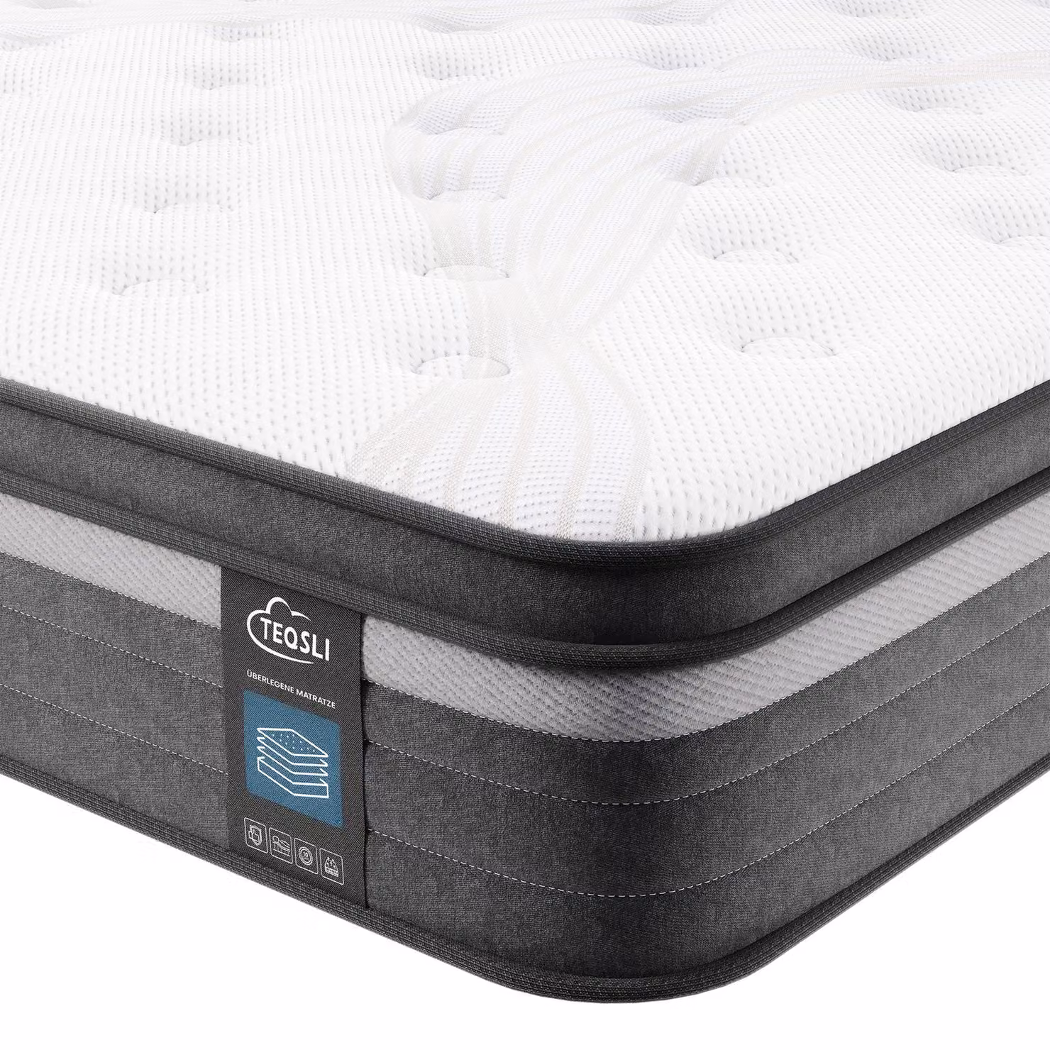 Materasso a molle insacchettate TeQsli, dimensioni 90x200 cm, con 9 zone, altezza 25 cm, livello di comfort H3, H4, grado di rigidità: variabile