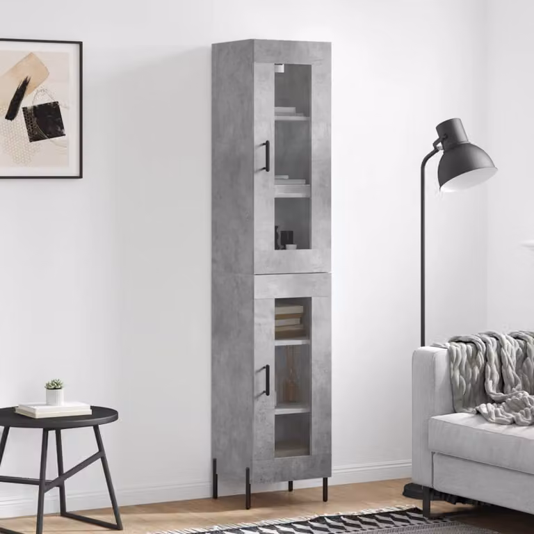 Credenza moderna vidaXL in legno e metallo con ante in vetro, Grigio, L: 34,5 cm, P: 34 cm, H: 180 cm