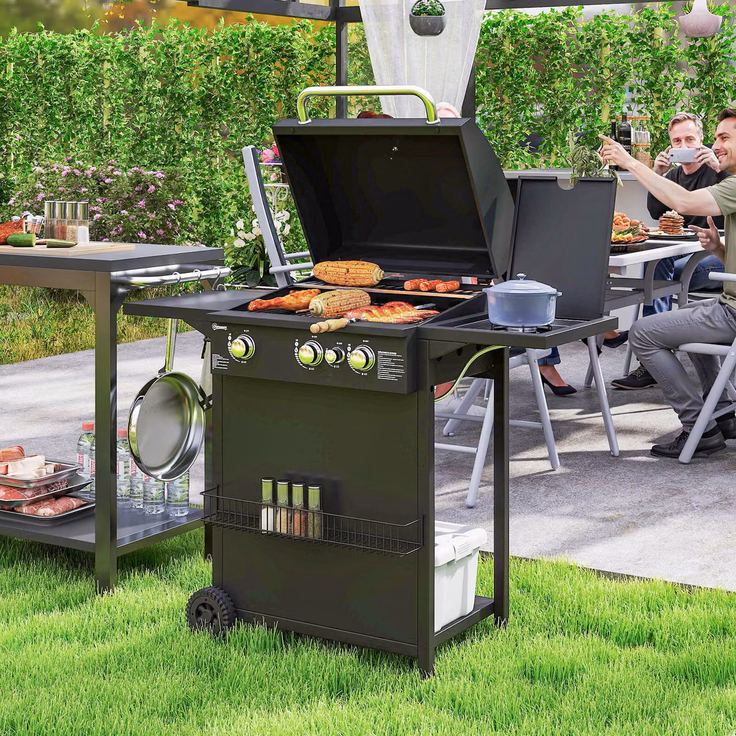 Barbecue a gas Outsunny con bruciatori indipendenti, termometro e tavolino laterale, nero – 2