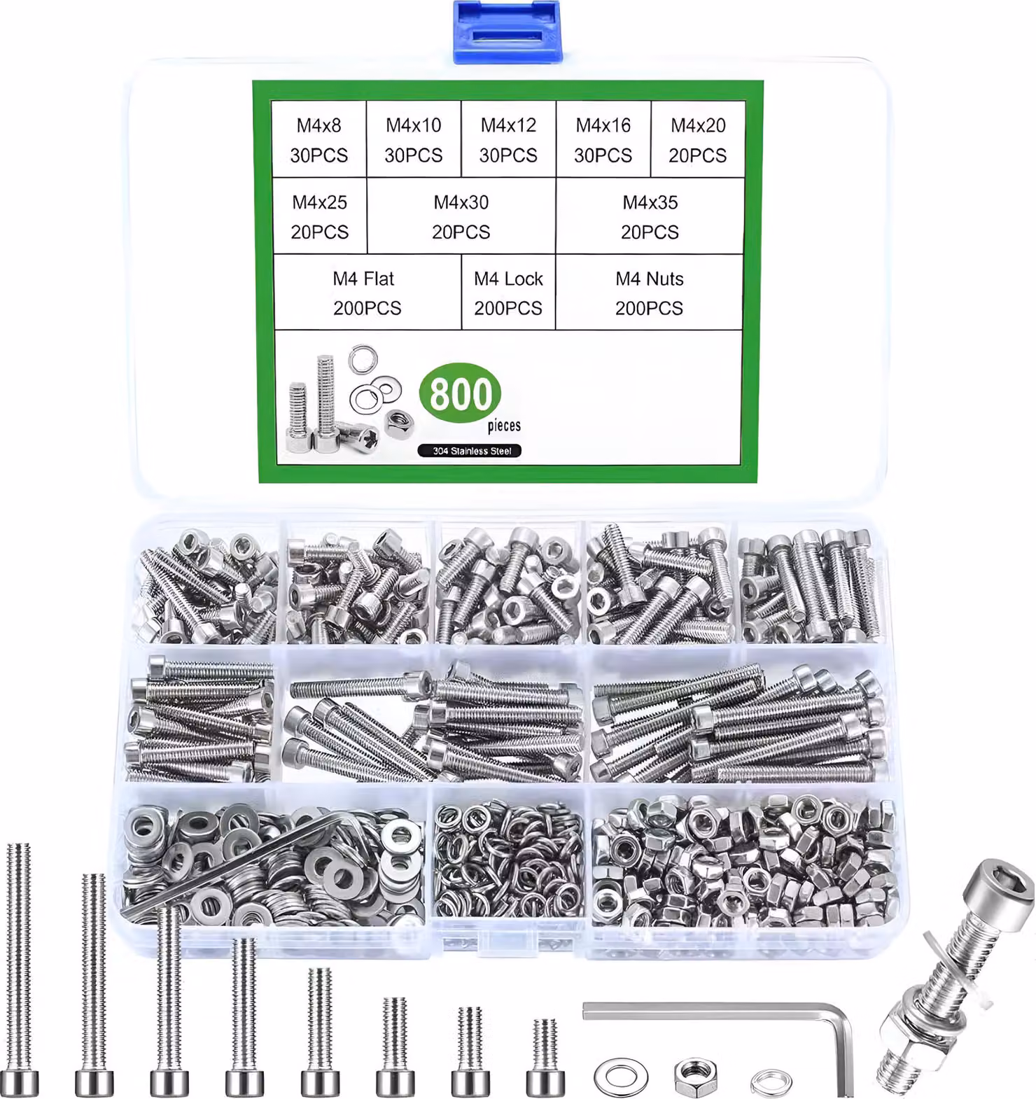 Assortimento di bulloni a testa esagonale in acciaio inossidabile M4, 800 pezzi