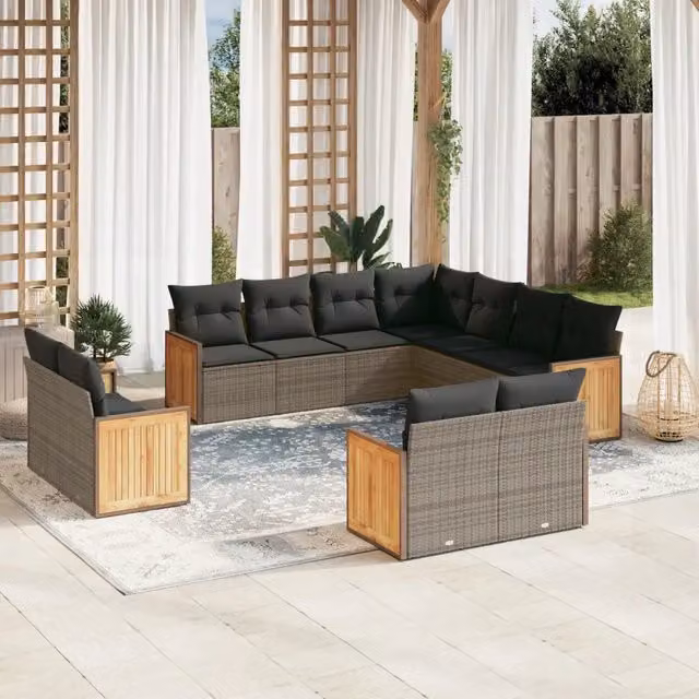 Set di divani da giardino VIDAXL in polyrattan grigio con cuscini, design moderno a forma di U, 11 pezzi – 1
