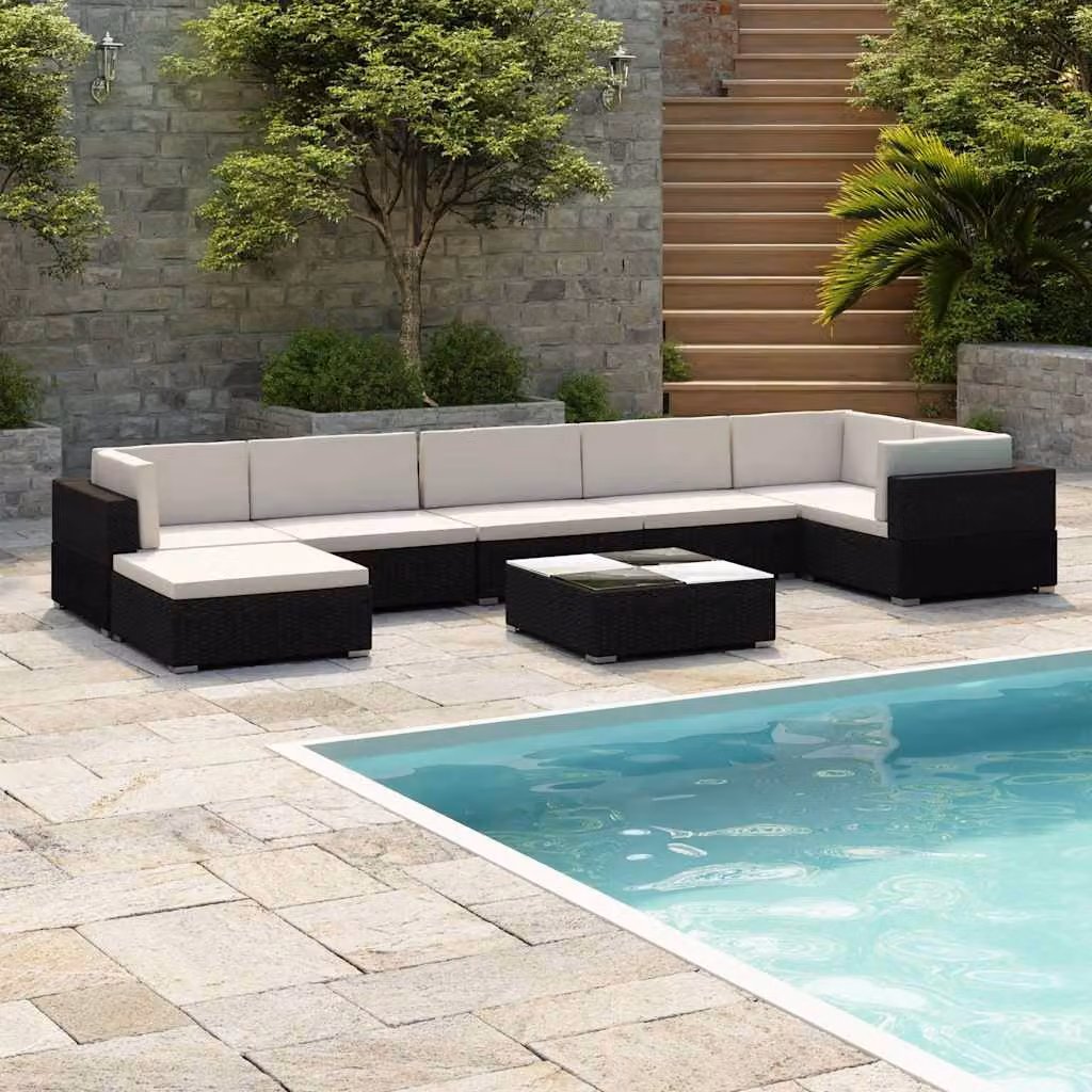 Set di divani da giardino vidaXL in polyrattan nero con cuscini e tavolino da esterno a forma di L