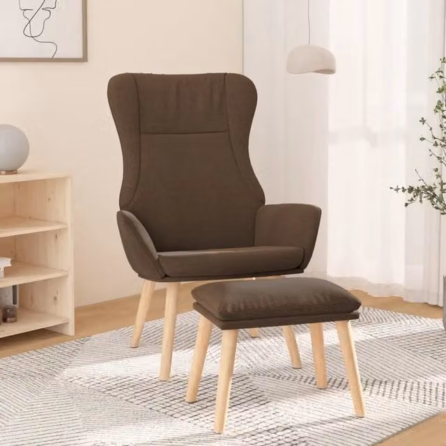 Poltrona Relax con Poggiapiedi vidaXL in Tessuto Marrone con Struttura in Metallo e Legno