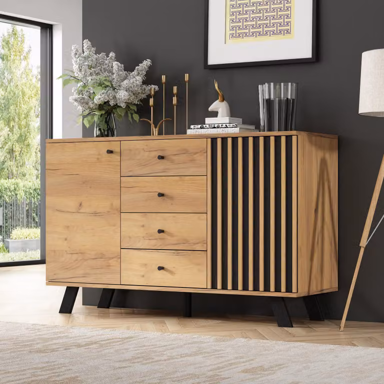 Credenza Merax 120×38×75cm con gambe in legno massiccio, cassettiera con 4 cassetti e 2 armadi, aspetto legno con accenti neri, soggiorno sala da pranzo corridoio