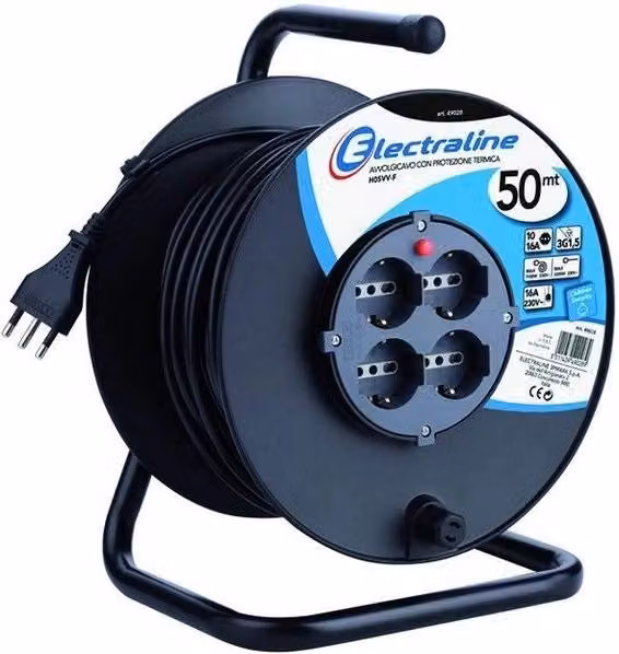 Electraline 49028 Avvolgicavo Elettrico Nero con 4 Prese Schuko 10-16A, Lunghezza 50 m, Protezione Termica e Child Safety – 1