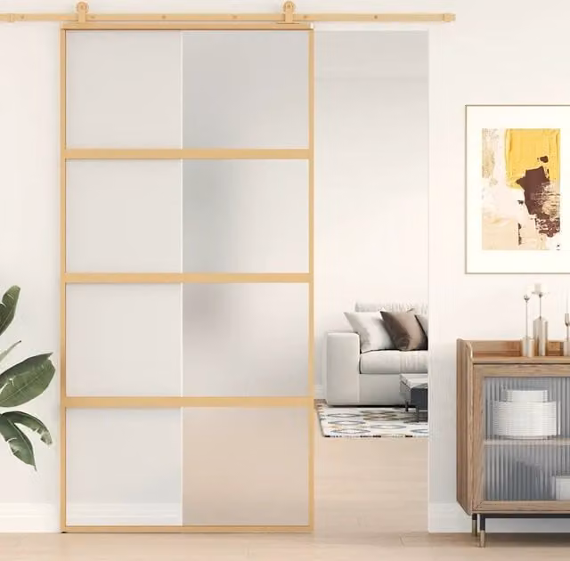 Porta Scorrevole vidaXL in Alluminio e Vetro Smerigliato Oro L: 102,5 cm, H: 205 cm