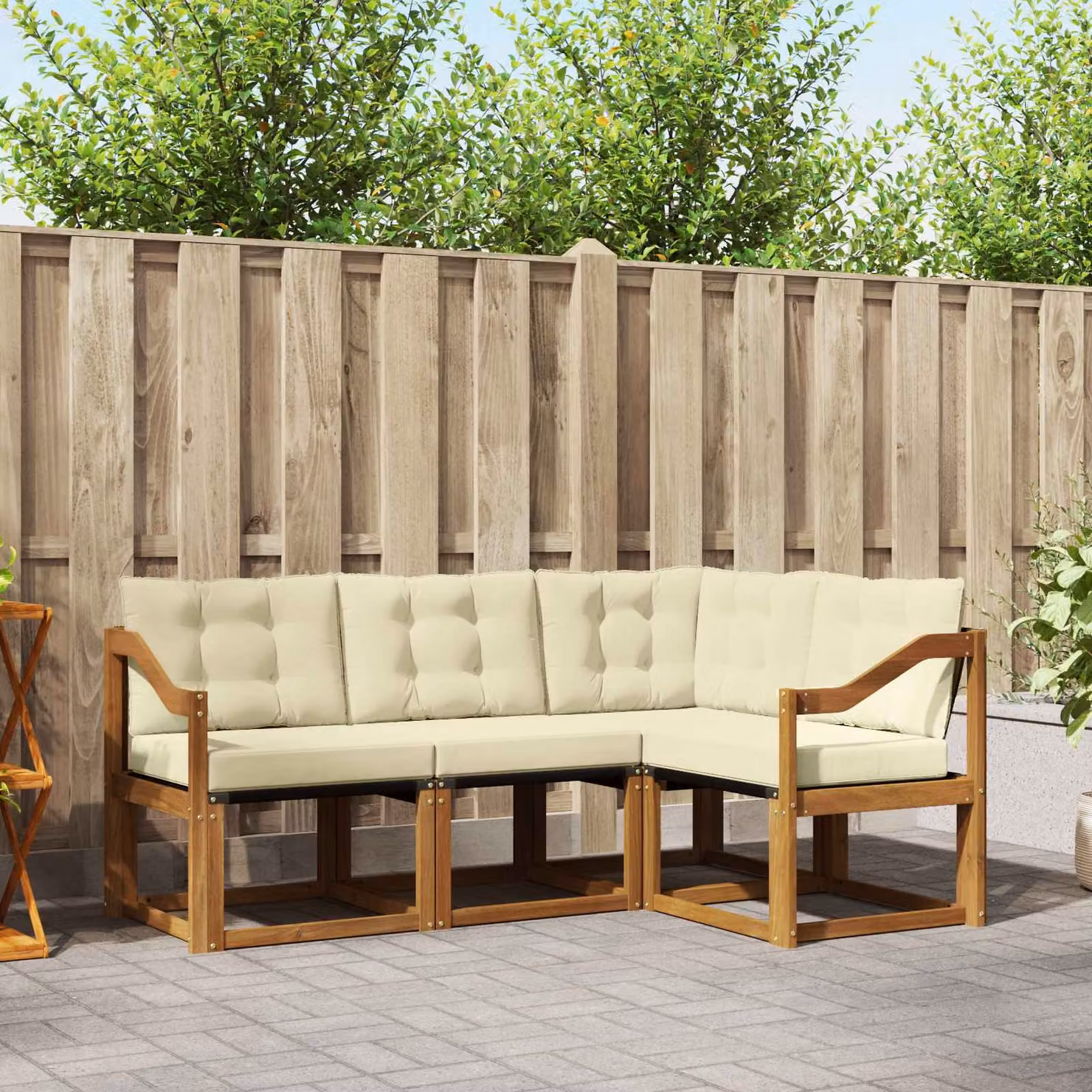 Set di divani da esterno vidaXL 4 pz in legno di acacia con sedute in textilene beige e bianco