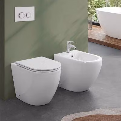 Sanitari filomuro Flan con scarico traslato e copriwater soft-close in ceramica bianca L/P/H: 55,5 x 42 x 35,5 cm