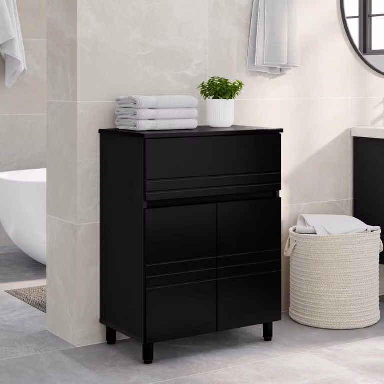 vidaXL Mobiletto da bagno nero in MDF con ante a battente L/P/H: 60 x 35 x 80 cm