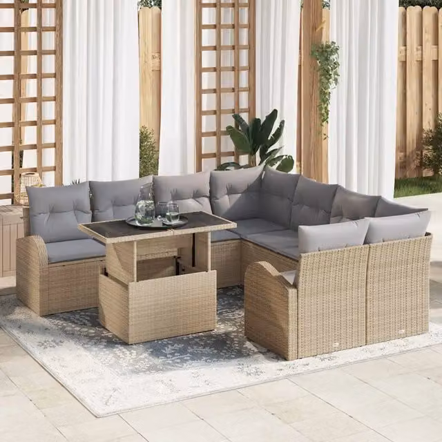 Set Divano da Giardino Moderno vidaXL a Forma a U con Tavolino e Cuscini, 9 Pezzi, Beige e Grigio