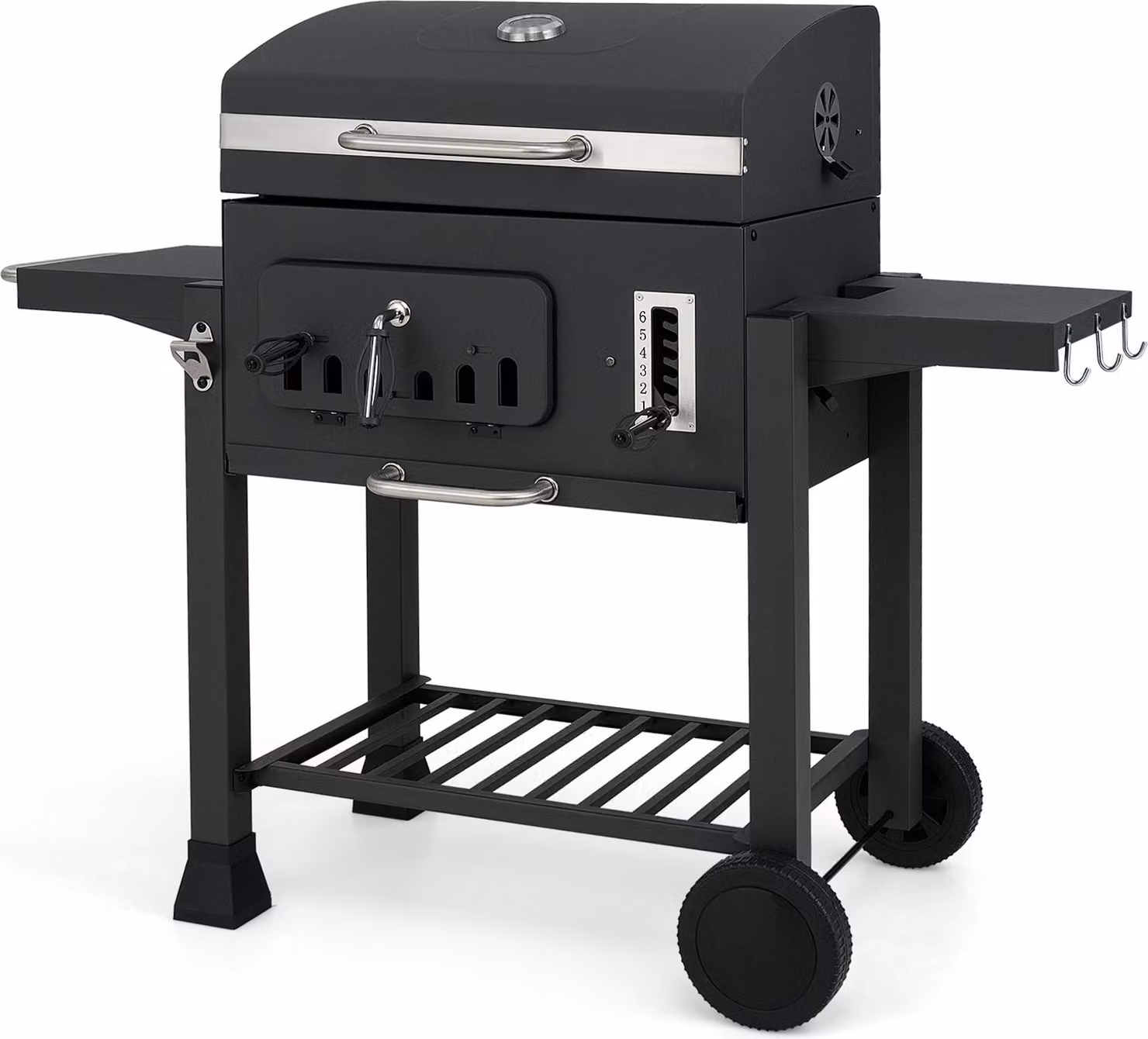 Barbecue a carbonella COSTWAY, carrello per barbecue con coperchio, ruote, 2 tavoli laterali pieghevoli, griglia, termometro, contenitore per carbonella a 6 scomparti e vano portaoggetti