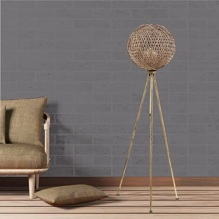 Opviq, lampada da terra di alta qualità con corpo in metallo, paralume in iuta (35 x 35 cm), altezza: 138 cm, attacco E27, max. 40 W, colore nero e oro, design boho-scandinavo, .