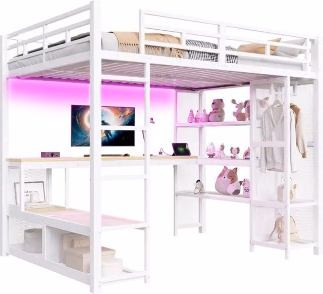 Letto a soppalco REDOM in metallo e MDF bianco con scrivania, armadio aperto e illuminazione LED, L/P/H: 200 x 140 x 170 cm