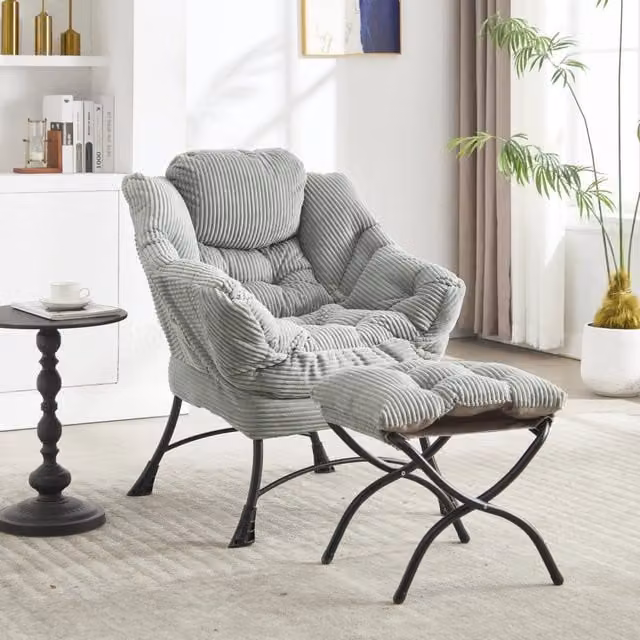 Poltrona Relax con Pouf REDOM in Velluto a Costine Verde e Grigio con Struttura in Metallo L/P/H: 70 x 64 x 95 cm