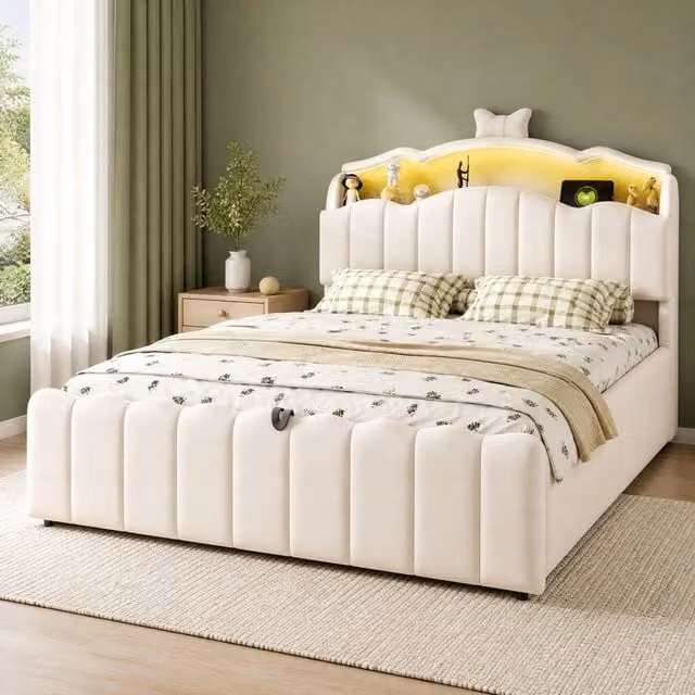 Letto imbottito per bambini 140x200 cm beige con LED, USB-C e contenitore idraulico