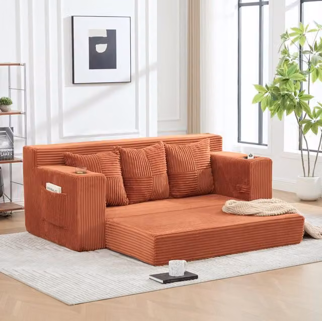 Divano modulare a 2 posti in corduroy arancione; con portabicchieri e tasche laterali; 172 cm