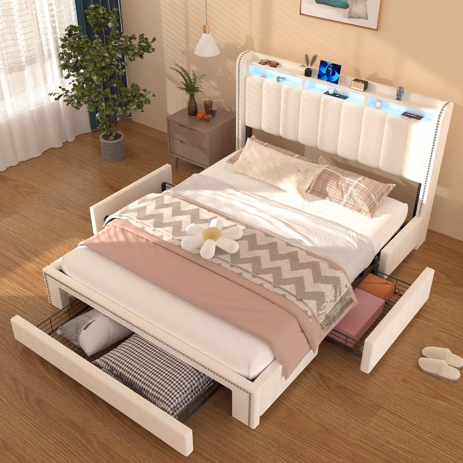Letto matrimoniale con struttura - 160x200 cm - Rosa - Con 3 cassetti, testiera e illuminazione LED