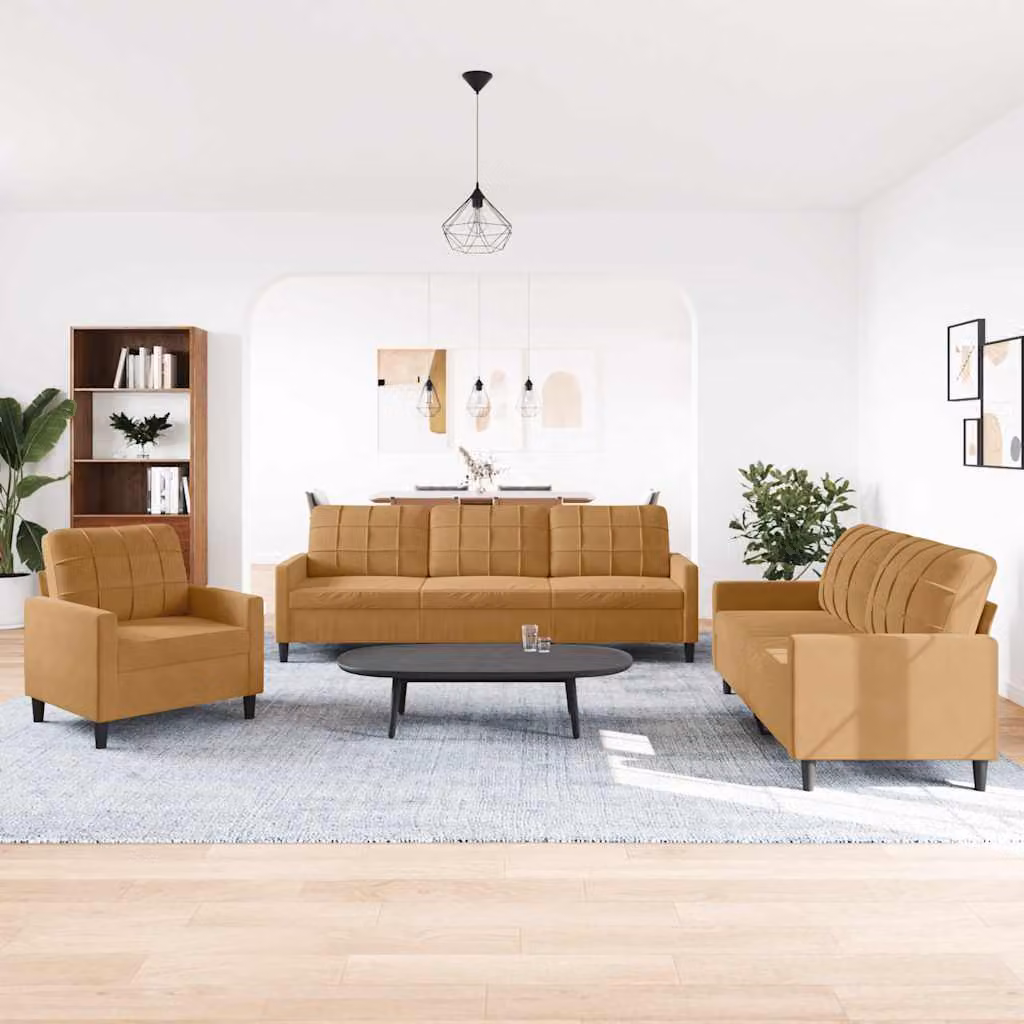 Set di divani 3 pezzi vidaXL in velluto marrone con cuscini e struttura in metallo per soggiorno – 1