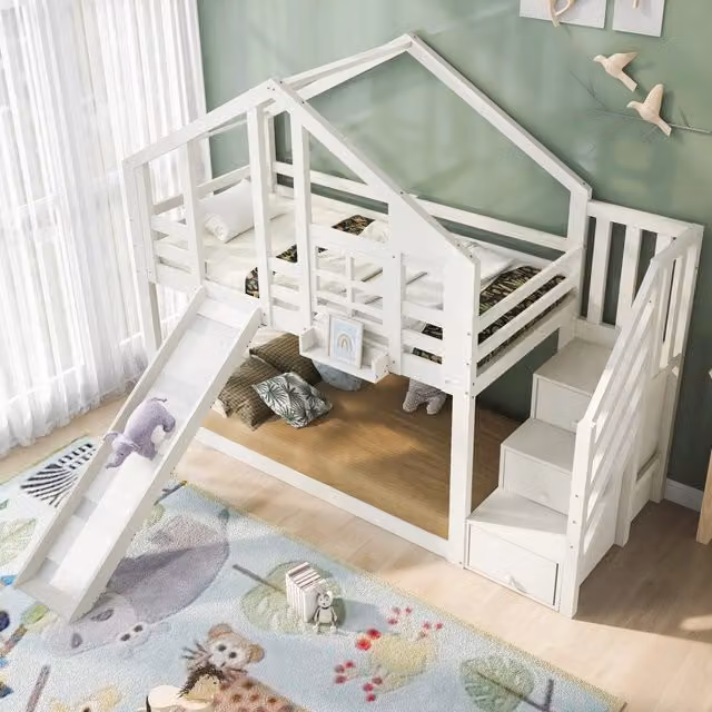 Letto a castello per bambini a 2 posti 90 × 200 cm con scivolo e scala contenitore, senza materasso, bianco