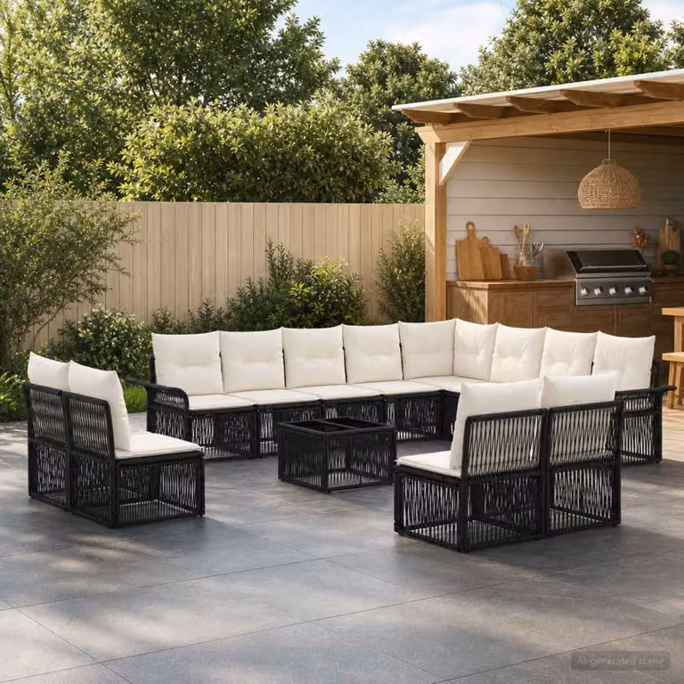 Set Divano da Giardino vidaXL 13 pz Nero con Poltrona, Elementi Angolari e Tavolino, Design Moderno a Forma di U con Cuscini Inclusi e Struttura in Metallo e Polyrattan