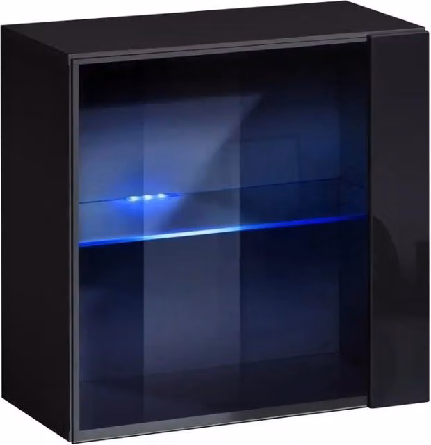 Vetrina sospesa nera Meublorama Collezione SWITCH con porta in vetro e illuminazione LED integrata L/P/H: 60 x 30 x 60 cm