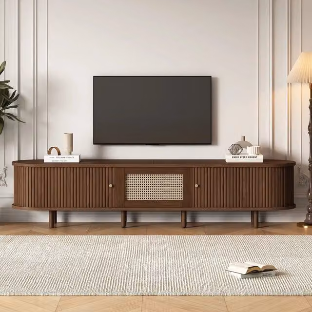 Mobile TV Minimal ovale in MDF e rattan colore noce scuro con piedi regolabili L: 180 cm, P: 40 cm, H: 40 cm