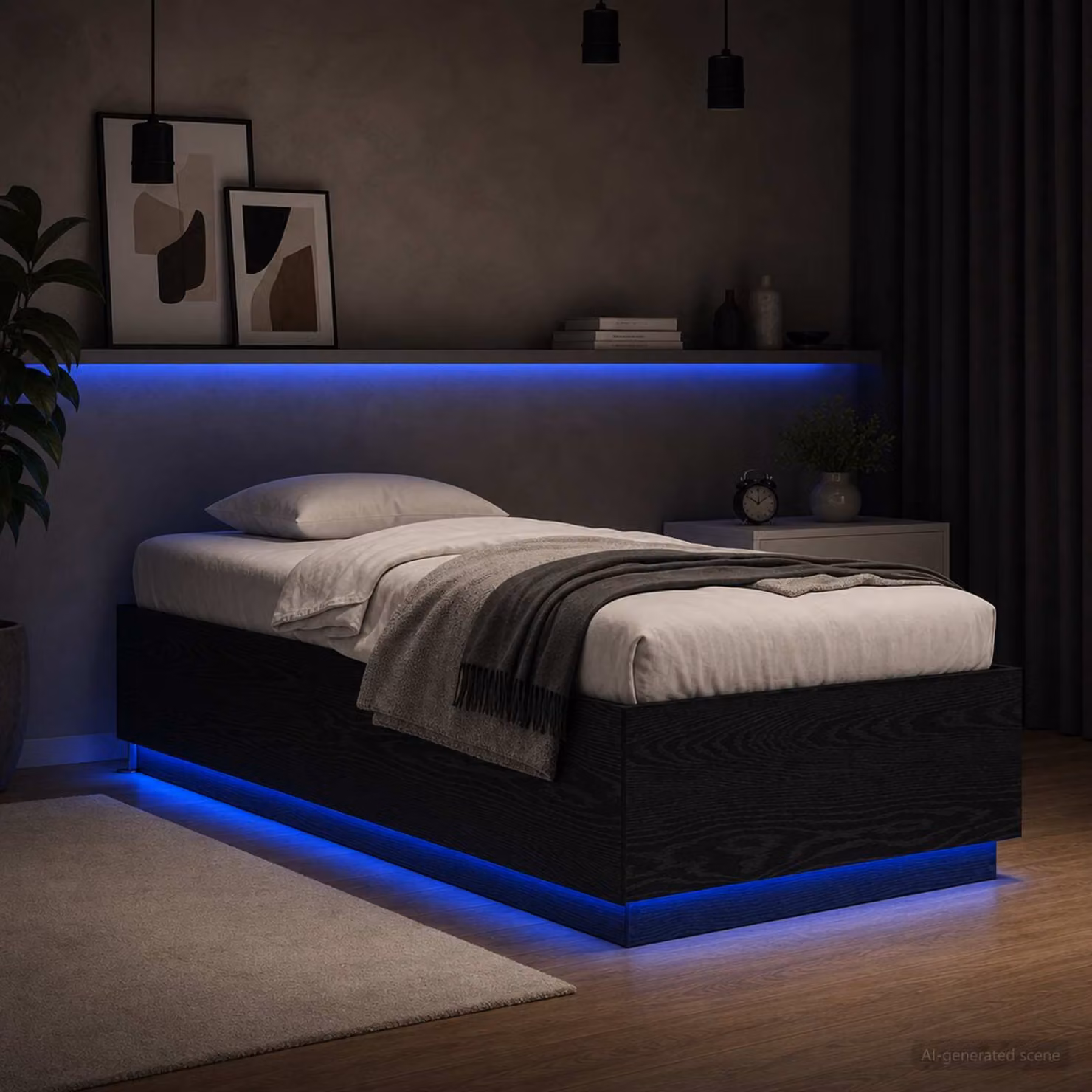 Letto moderno vidaXL in legno ingegnerizzato con illuminazione LED e porta USB, Rovere e Nero, L/P/H: 200 x 80 x 83 cm