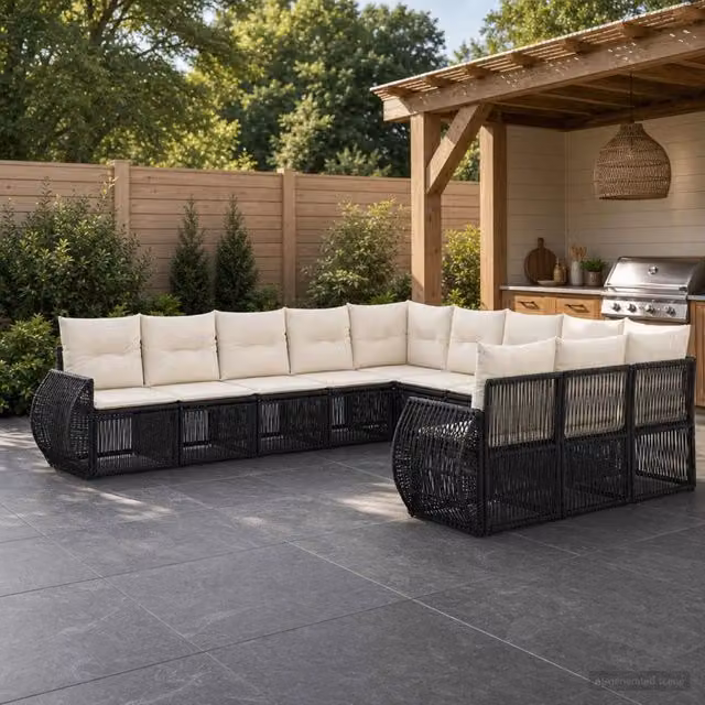 Set Divano da Giardino 11 pz Nero e Bianco Crema polyrattan 3435556
