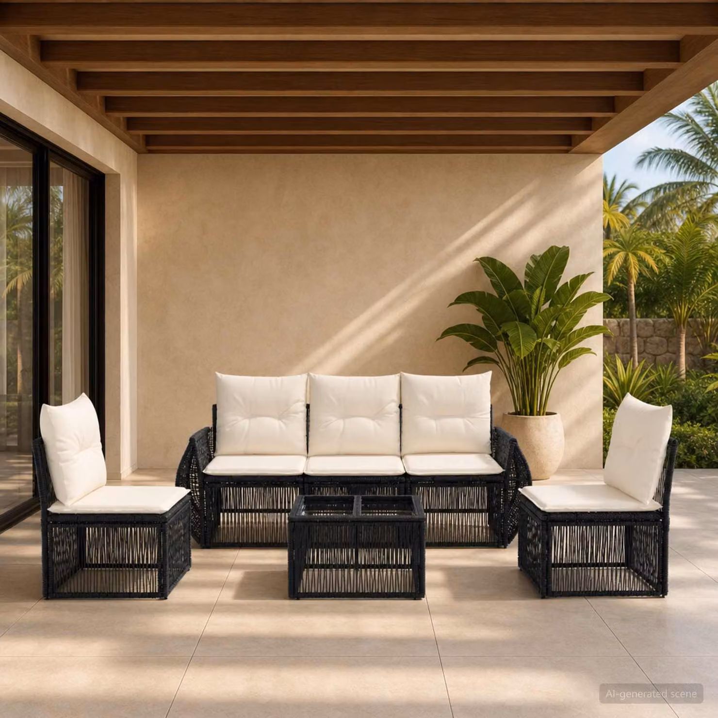 Set Divano da Giardino vidaXL 6 Pezzi in Polyrattan con Tavolino e Cuscini, Nero e Bianco Crema