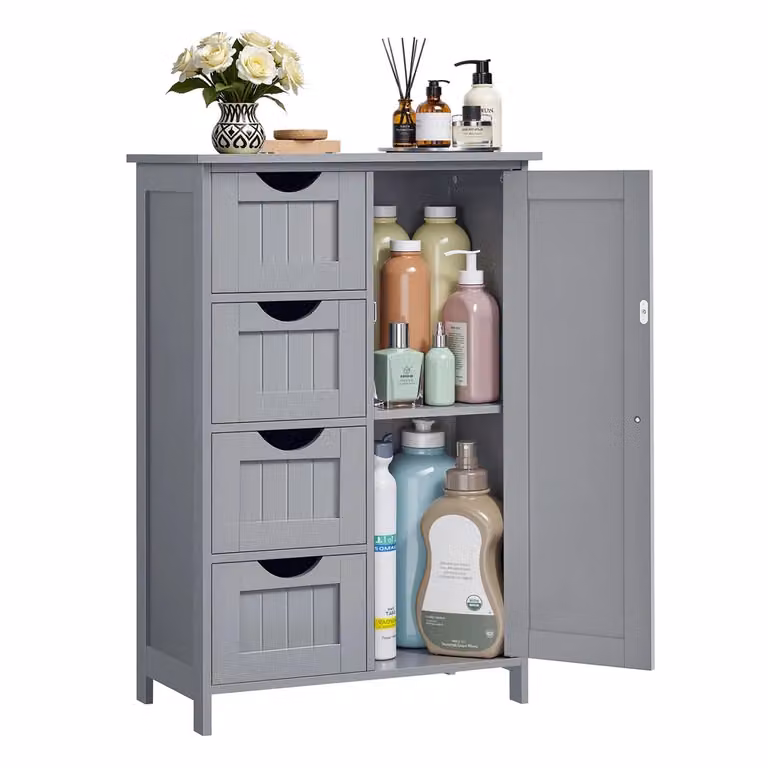 Mobile da Bagno Bagno Stretto con Cassetti Anta Ripiano Regolabile, Grigio Tortora / Con 4 Cassetti (30P x 55l x 82H cm)