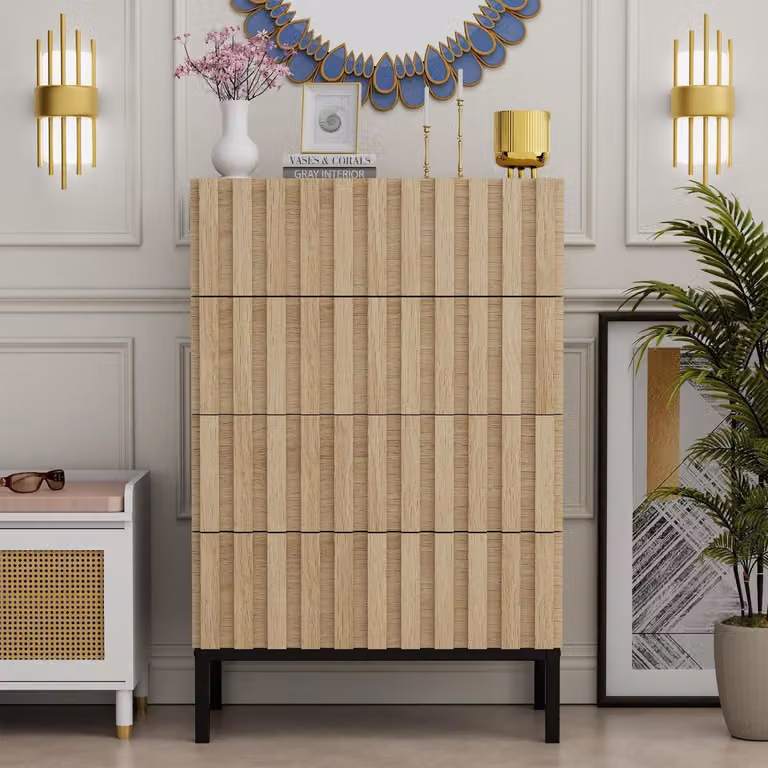 Comodino con 4 cassetti, dimensioni 60 x 34,5 x 92 cm, colore naturale