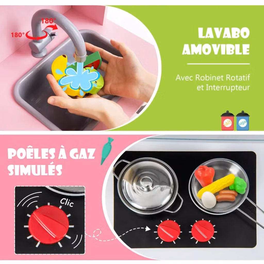 Cucina giocattolo per bambini in legno MDF rosa con lavello e accessori stile moderno L/P/H: 72 x 30 x 90 cm – 2