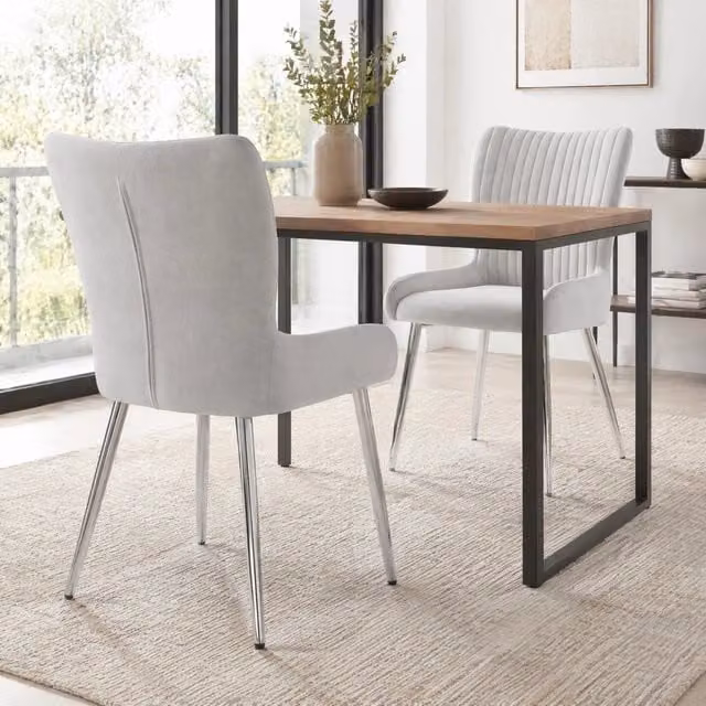 Set di 2 sedie da pranzo moderne FOLYNA in velluto grigio con gambe in metallo argento per soggiorno e camera da letto