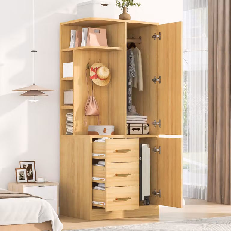 Armadio Merax con 1 porta e 3 cassetti, mobile per camera da letto con asta appendiabiti, ganci, ripiani, armadio compatto, colore naturale