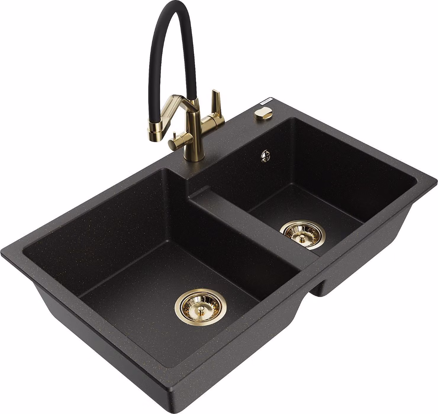 Mexen Tomas lavello in granito a 2 vasche con miscelatore cucina Duo, nero/oro metallizzato - 6516-75-671701-57-G