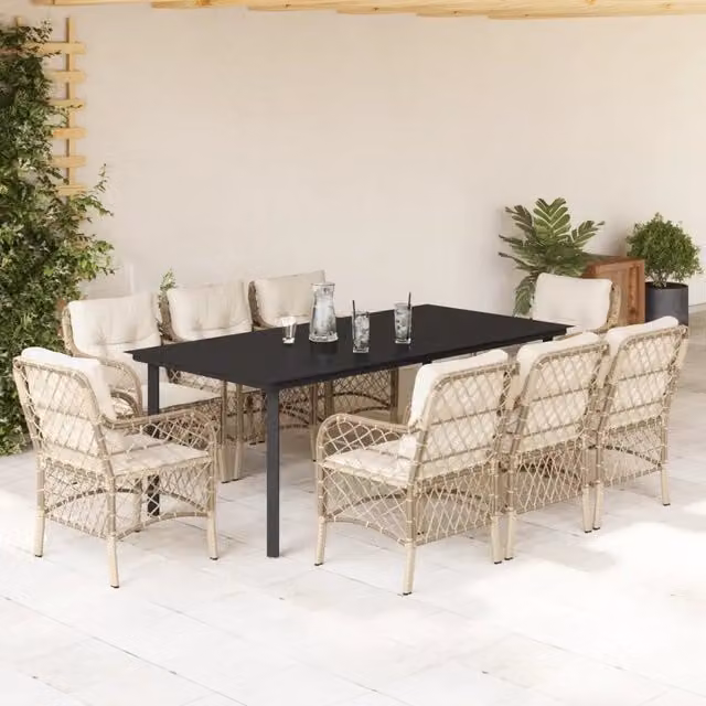 Set da Pranzo da Giardino vidaXL in Polyrattan con Cuscini Beige e Tavolo in Vetro, 9 Pezzi – 1