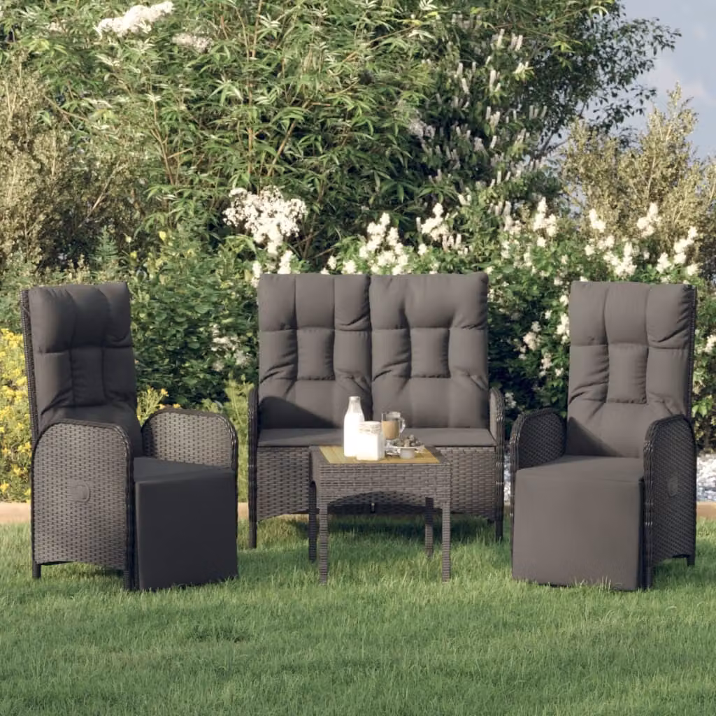 The Living Store Set da pranzo da giardino in 3 pezzi con cuscini in poly rattan nero