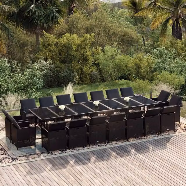 Set da pranzo da giardino moderno vidaXL in polyrattan nero con tavolo in vetro e 19 pezzi
